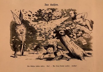 Na karykaturze Bismarck jednym podmuchem kształtuje krajobraz prasy w państwie.